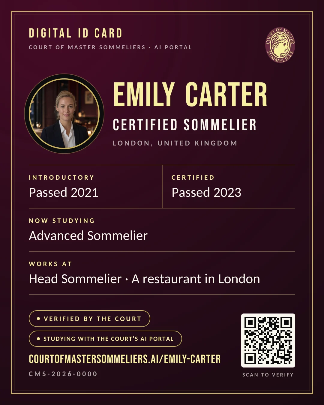 An example digital ID card: the member’s name, photo, the examinations passed and a QR code.