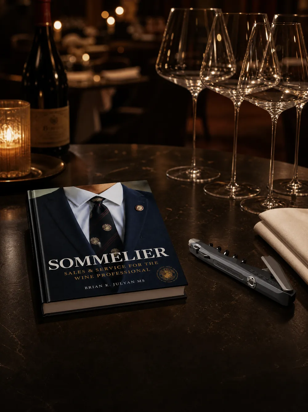 The Court's Sommelier book on a restaurant table, beside wine glasses and a waiter's friend.